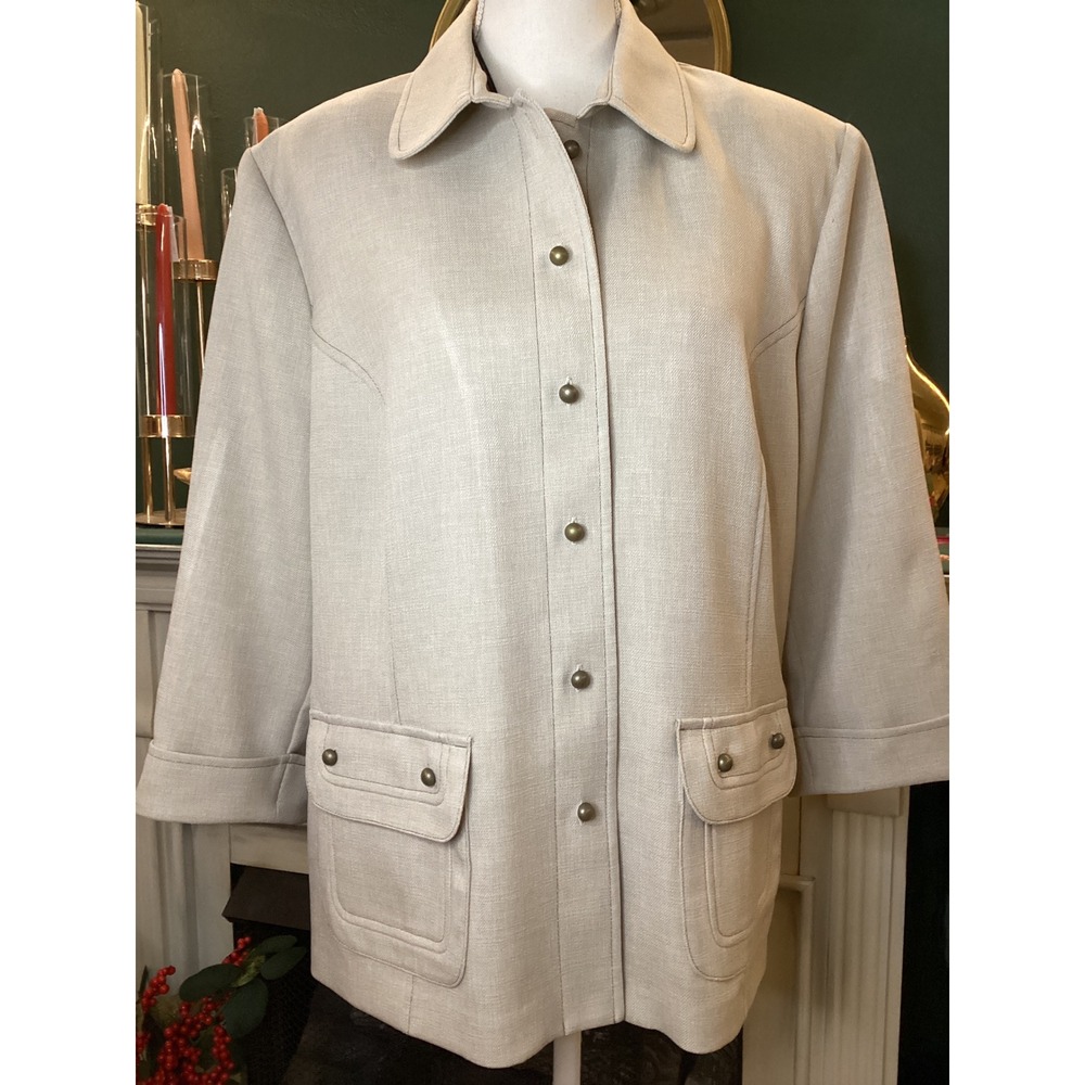 Alfred‎ Dunner Oatmeal Beige Textured Button Front Jacket 3/4 Sleeve Size 16